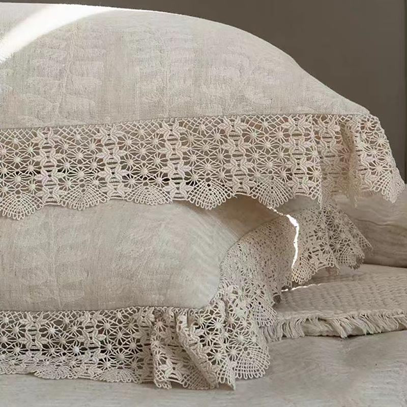 Rustic Linen Cotton Bedding Set with Lace