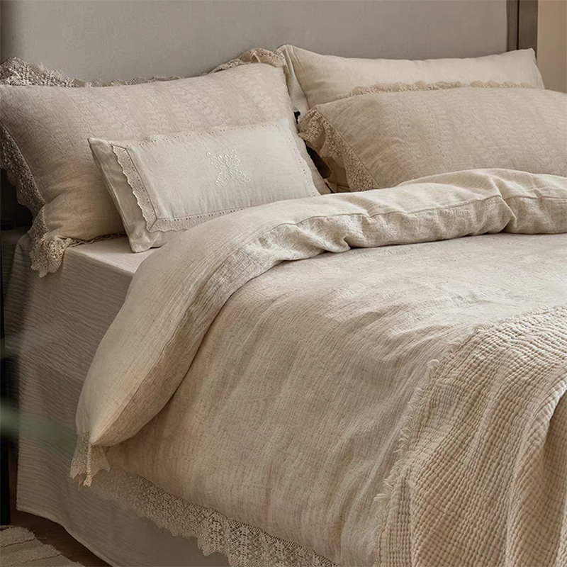 Rustic Linen Cotton Bedding Set with Lace