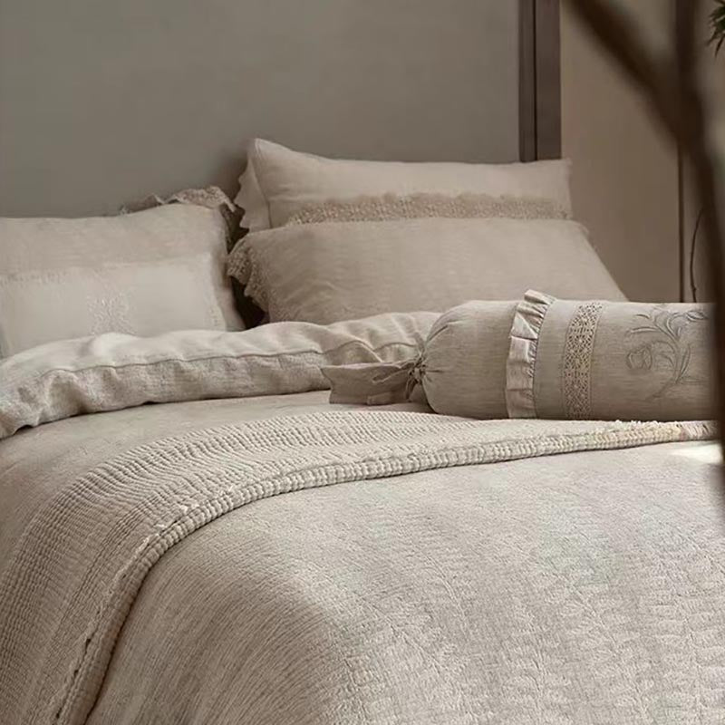 Rustic Linen Cotton Bedding Set with Lace