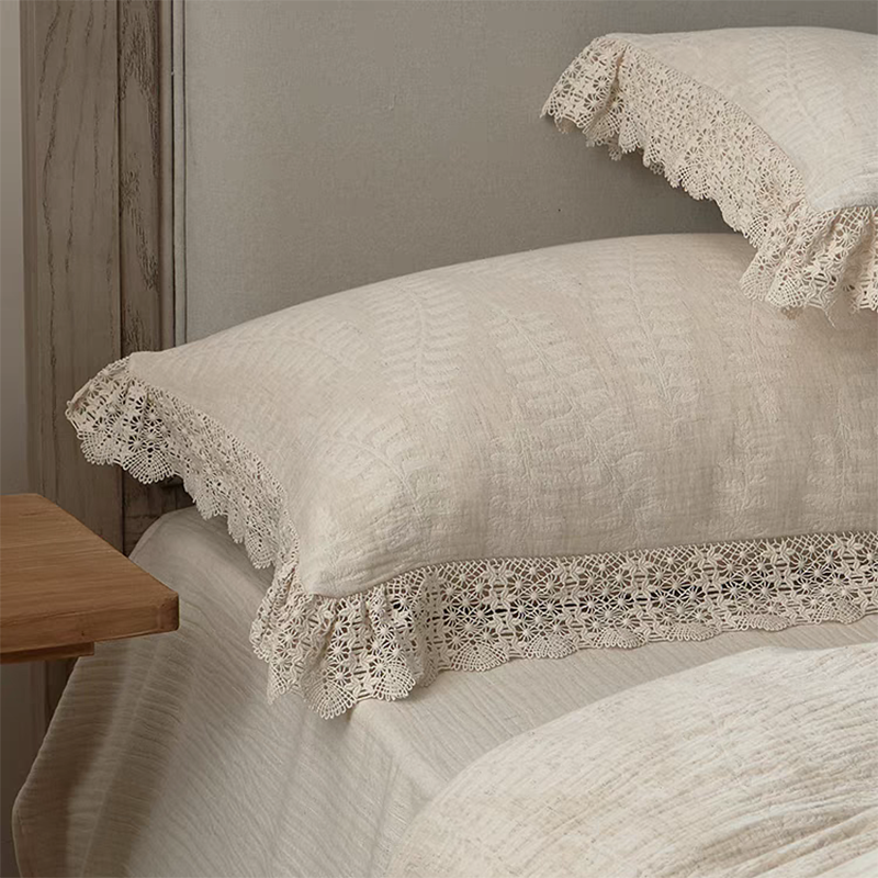 Rustic Linen Cotton Bedding Set with Lace