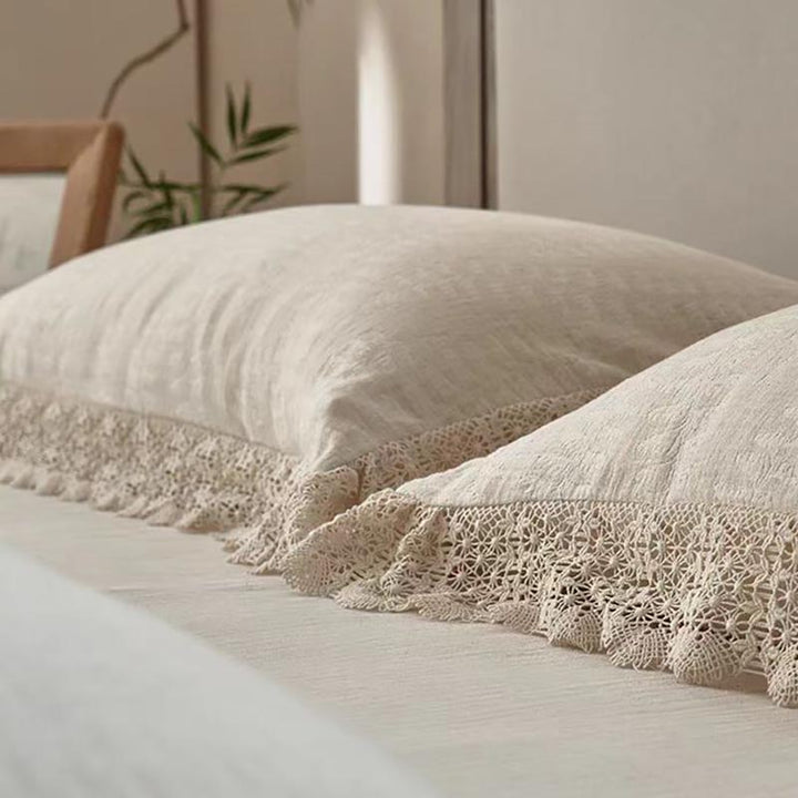 Rustic Linen Cotton Bedding Set with Lace