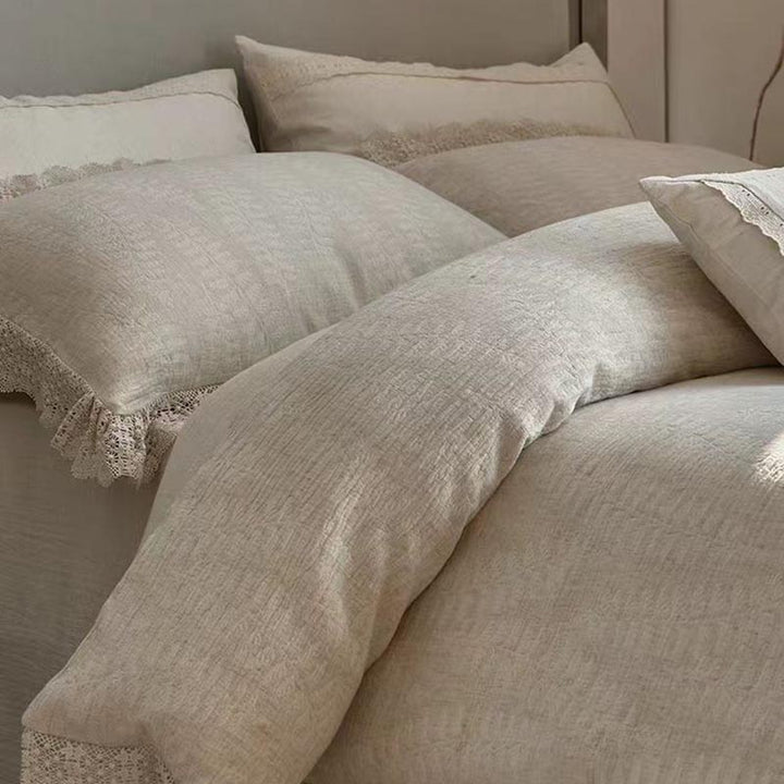 Rustic Linen Cotton Bedding Set with Lace