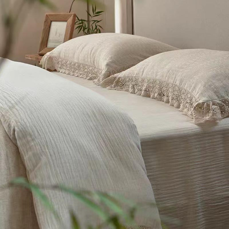 Rustic Linen Cotton Bedding Set with Lace