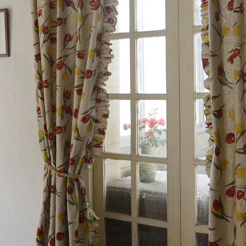 Rustic Tulip Print Pinch Pleat Curtain with Ruffle