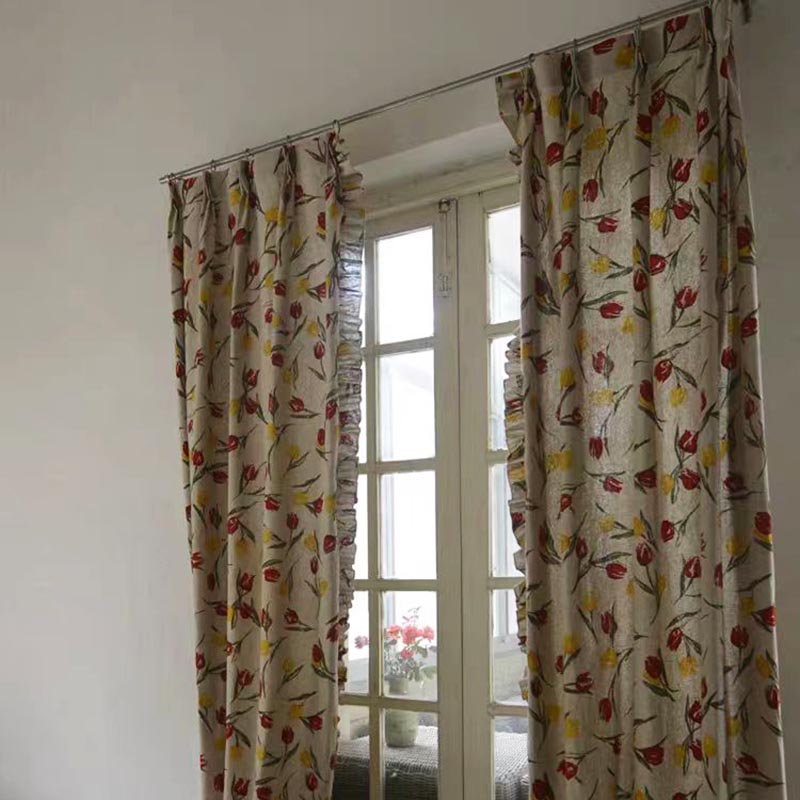 Rustic Tulip Print Pinch Pleat Curtain with Ruffle