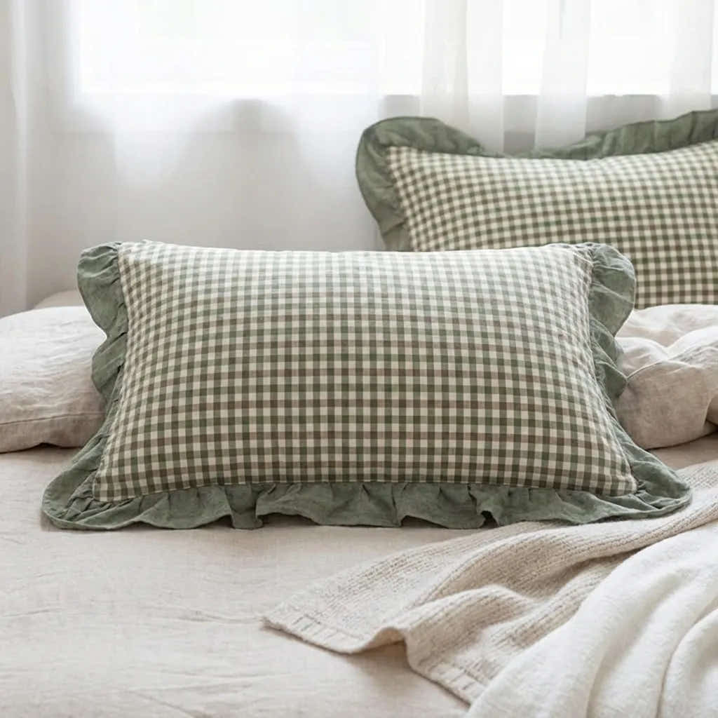Taie d'oreiller rustique à carreaux vichy avec volants