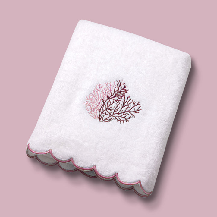 White Scalloped Edge Cotton Bath Sheets with Coral Embroidery - Set of 2 Colors