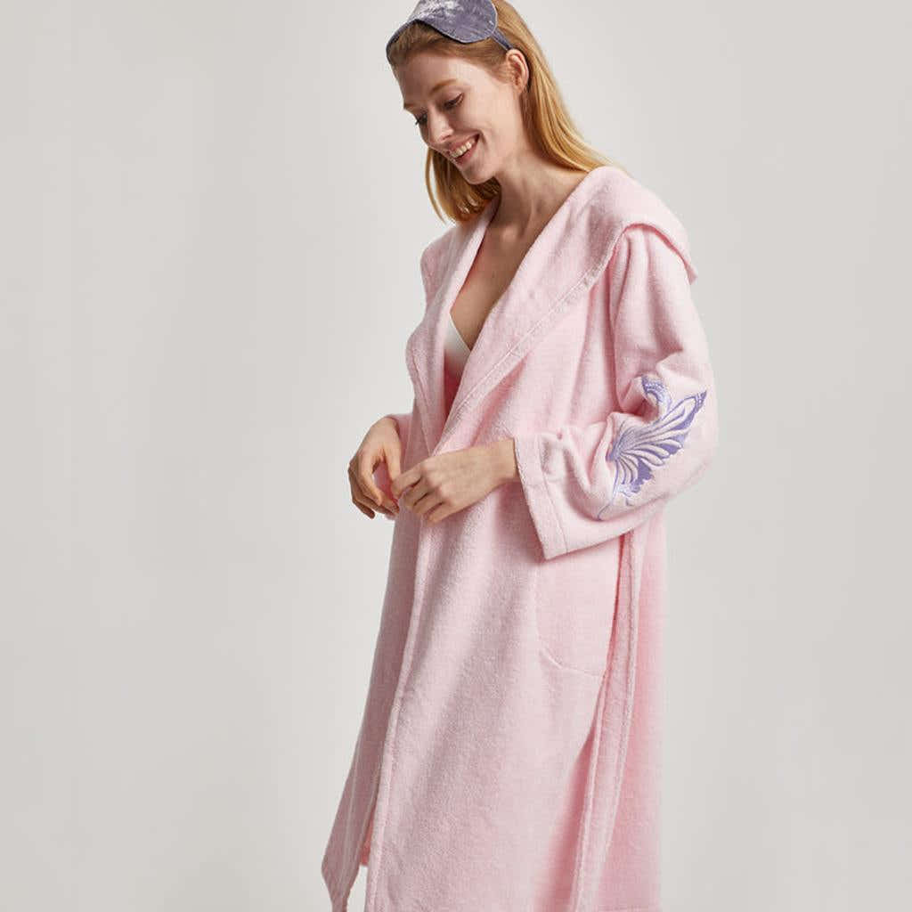 Cotton Hooded Bathrobe With Batterfly Embroidery - 3 Colors