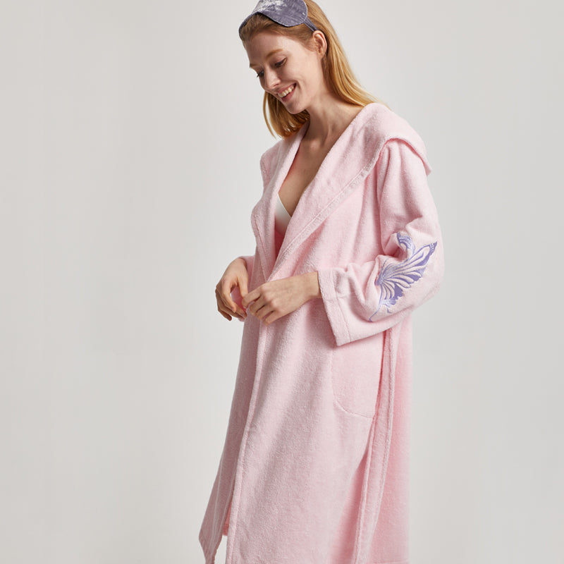 Cotton Hooded Bathrobe With Batterfly Embroidery - 3 Colors