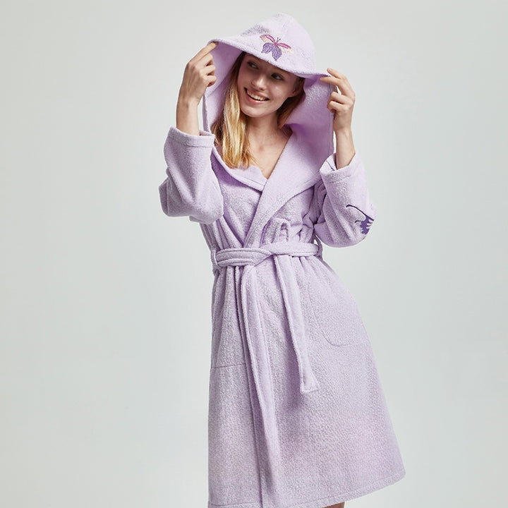 Cotton Hooded Bathrobe With Batterfly Embroidery - 3 Colors