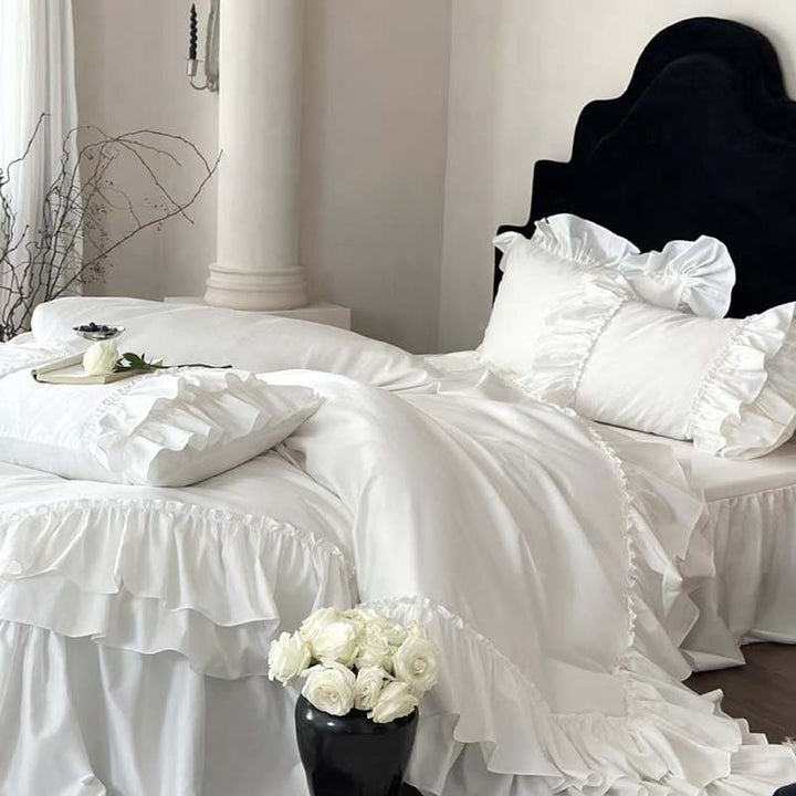 Silky Cotton Duvet Cover Set with Dual Ruffle