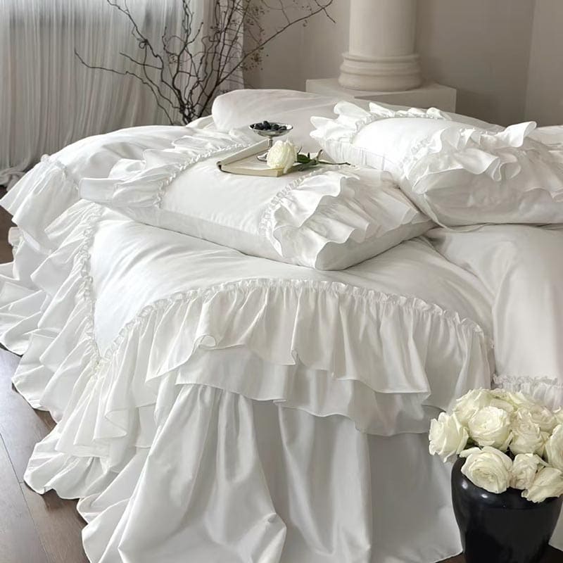 Silky Cotton Duvet Cover Set with Dual Ruffle