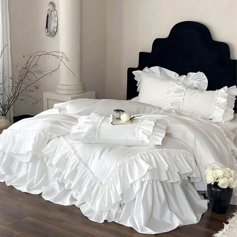 Silky Cotton Duvet Cover Set with Dual Ruffle