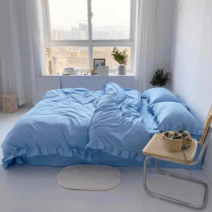 Sky Blue Bedding Set with Ruffle.