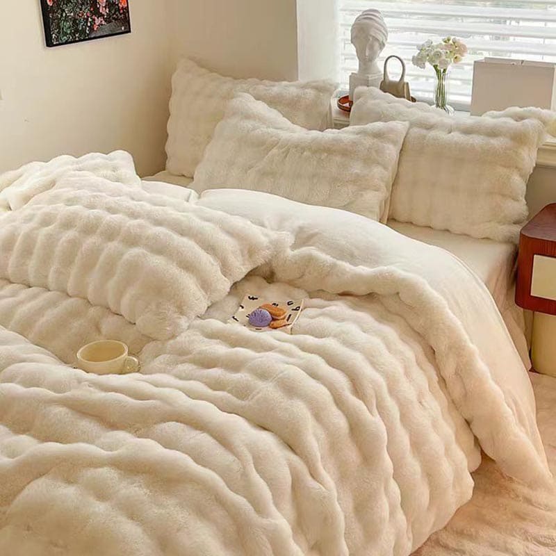 Soft Faux Rabbit Fur Cream Bedding Set