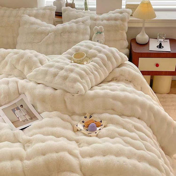 Soft Faux Rabbit Fur Cream Bedding Set