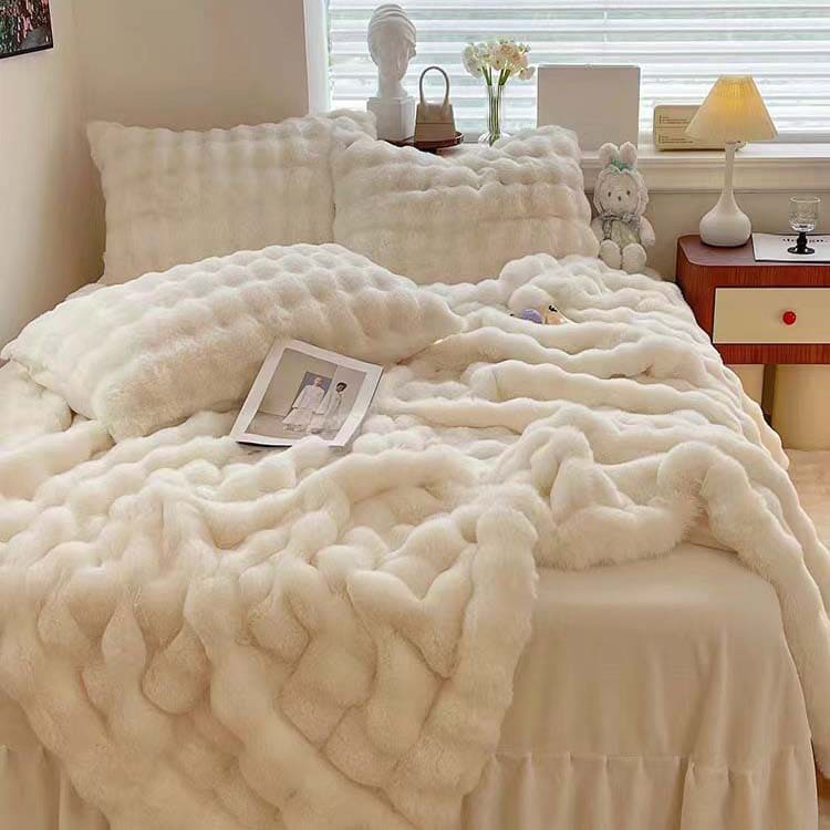 Soft Faux Rabbit Fur Cream Bedding Set