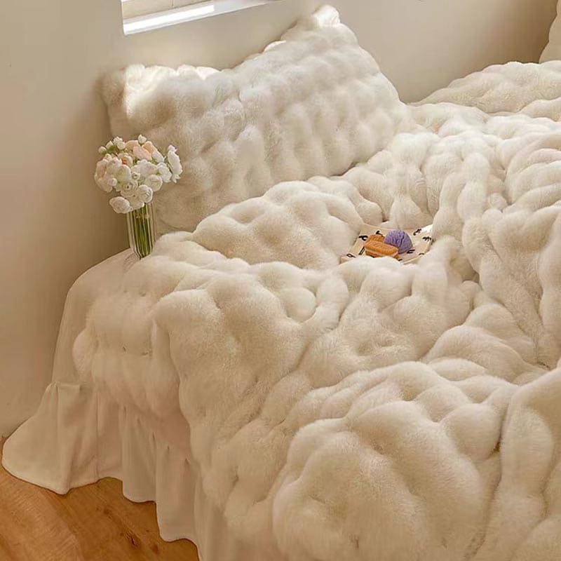 Soft Faux Rabbit Fur Cream Bedding Set