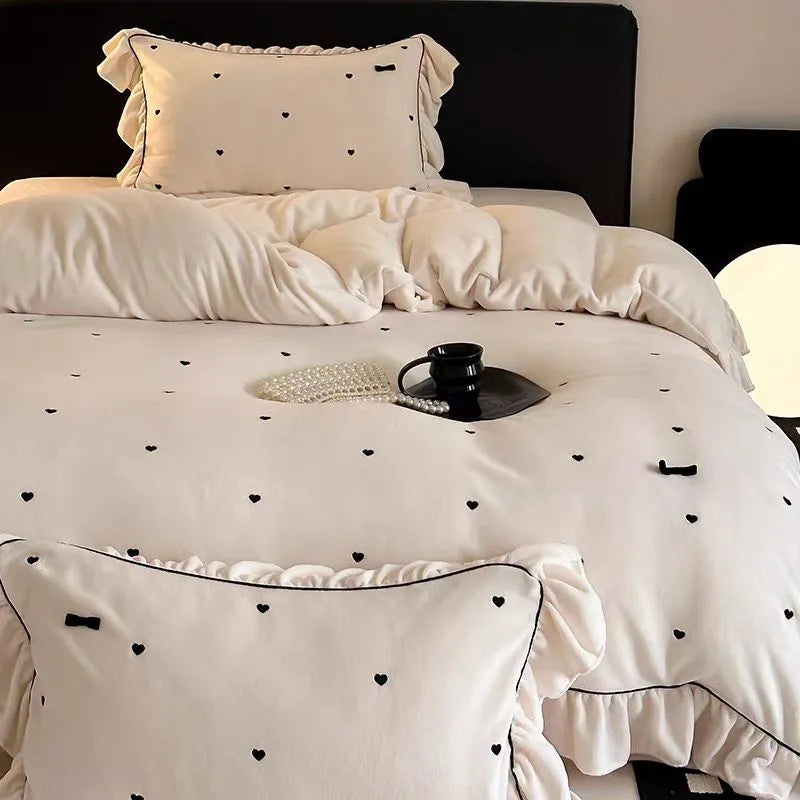 Soft Heart Embroidery Ruffle Bedding Set