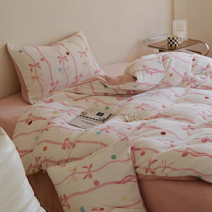 Soft Pink Bow Velvet Bedding Set