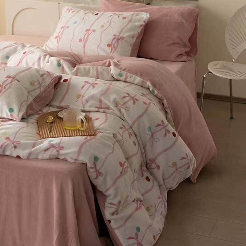 Soft Pink Bow Velvet Bedding Set