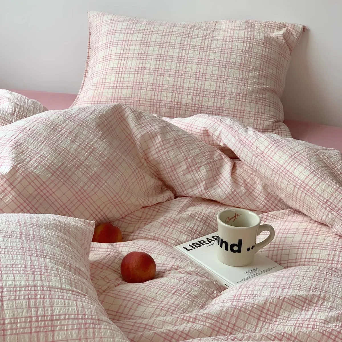 Soft Pink Plaid Cotton Bedding Set