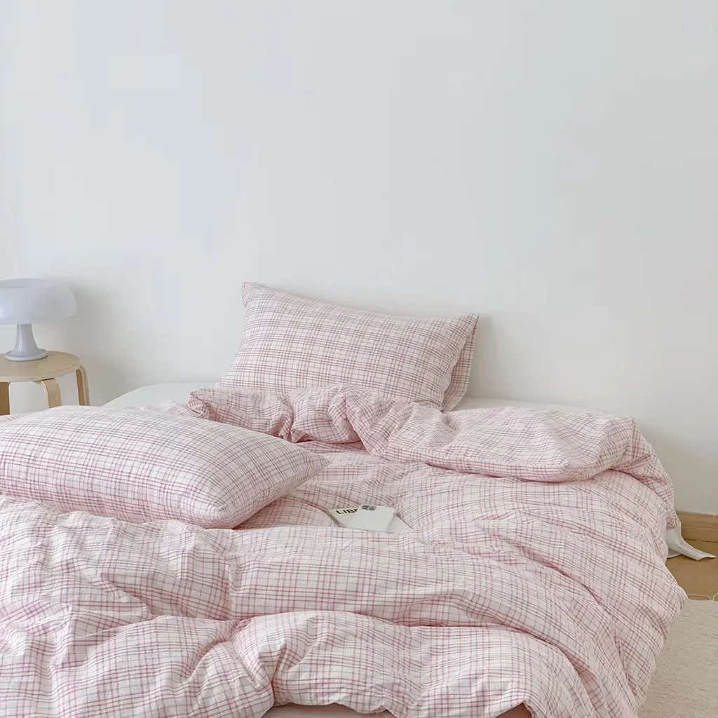 Soft Pink Plaid Cotton Duvet Cover