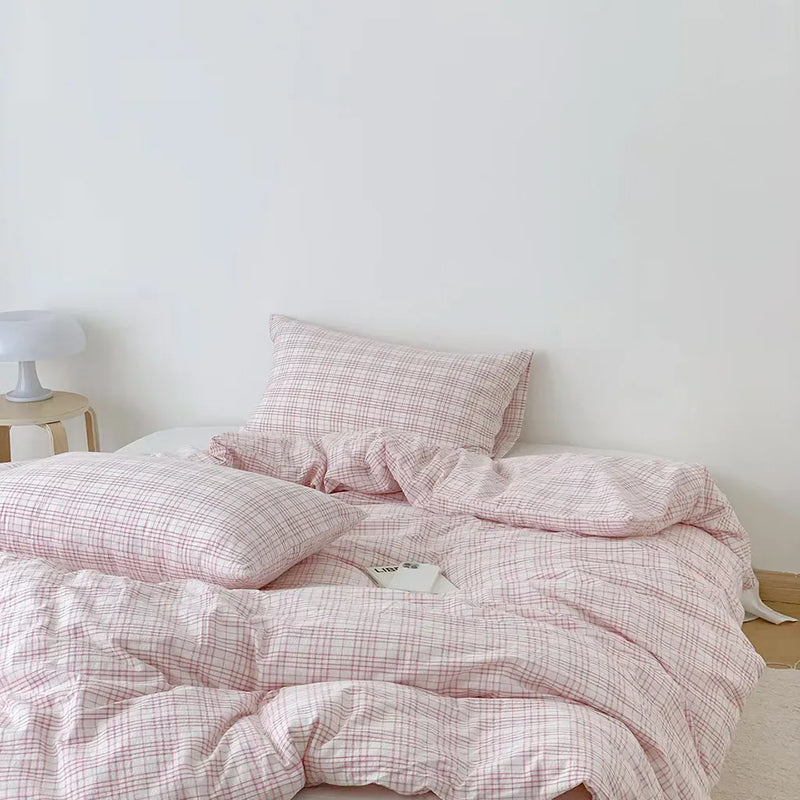 Soft Pink Plaid Cotton Duvet Cover