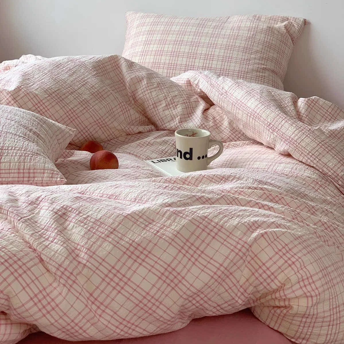Soft Pink Plaid Cotton Bedding Set
