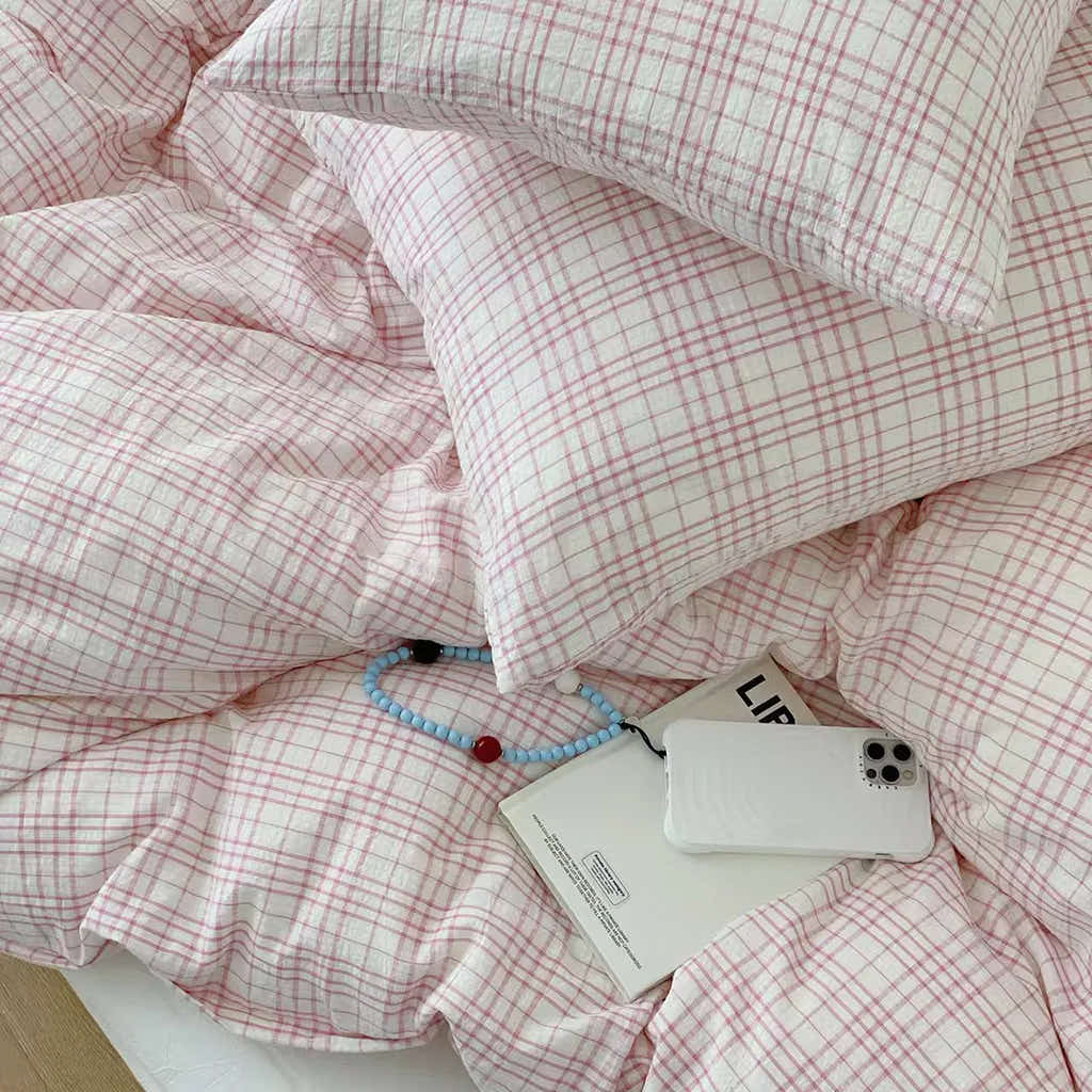 Soft Pink Plaid Cotton Bedding Set