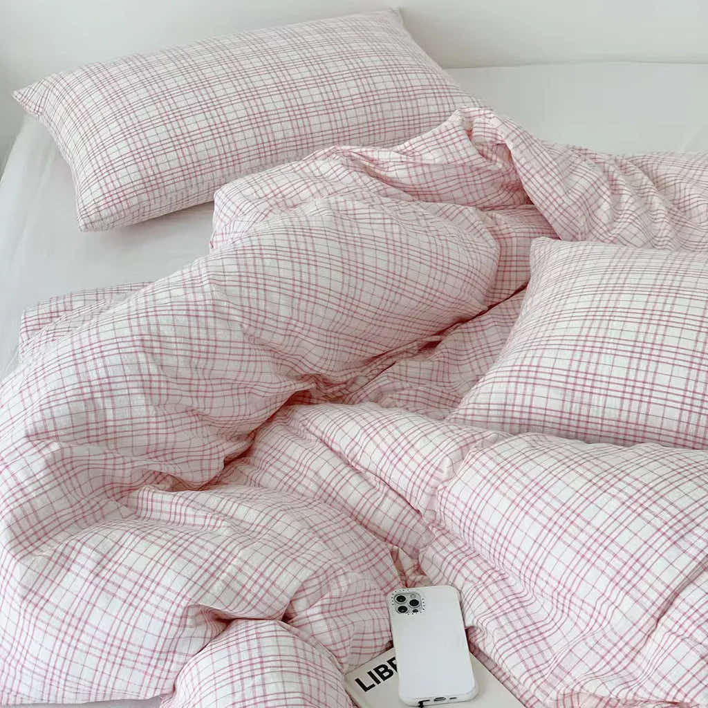 Soft Pink Plaid Cotton Duvet Cover