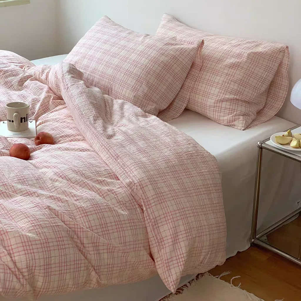 Soft Pink Plaid Cotton Duvet Cover