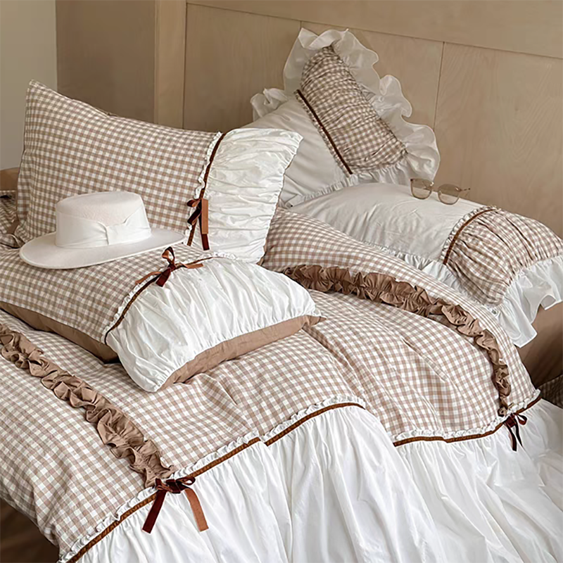 Beige Gingham with Bow Ruched Bedding Set