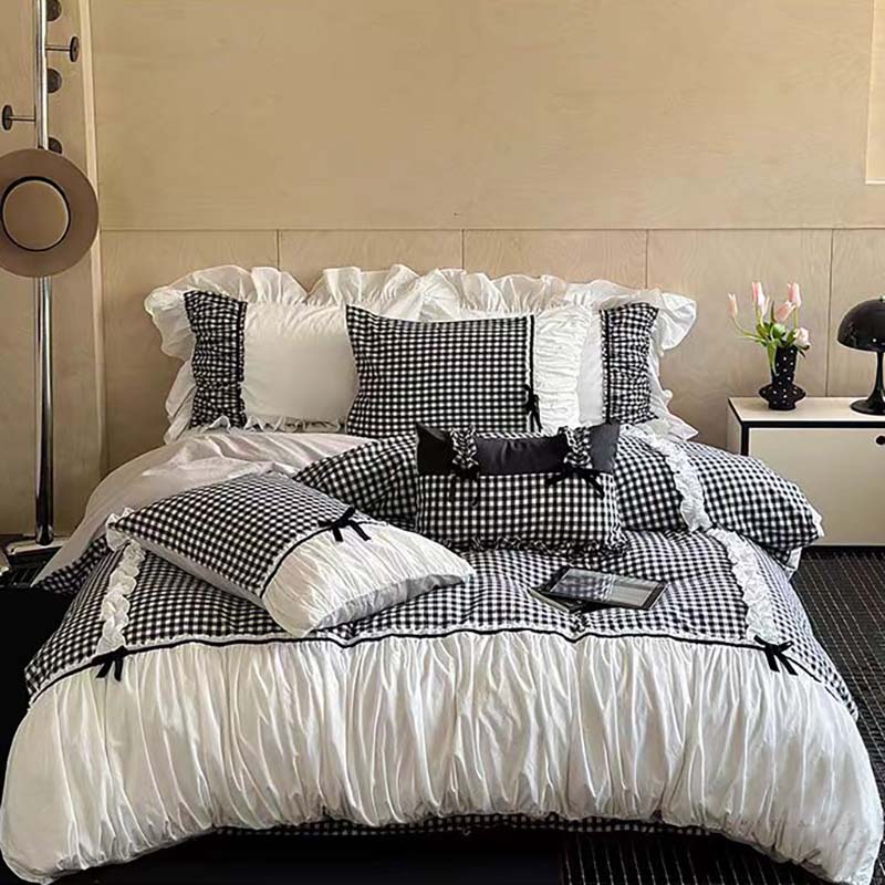 Black Gingham with Bow Ruched Bedding Set
