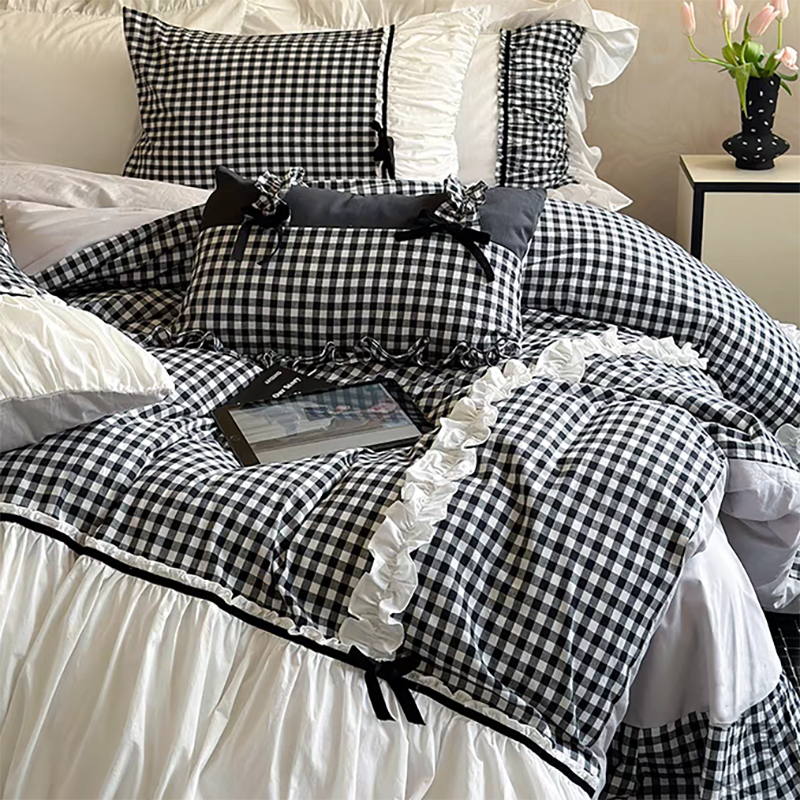 Black Gingham with Bow Ruched Bedding Set