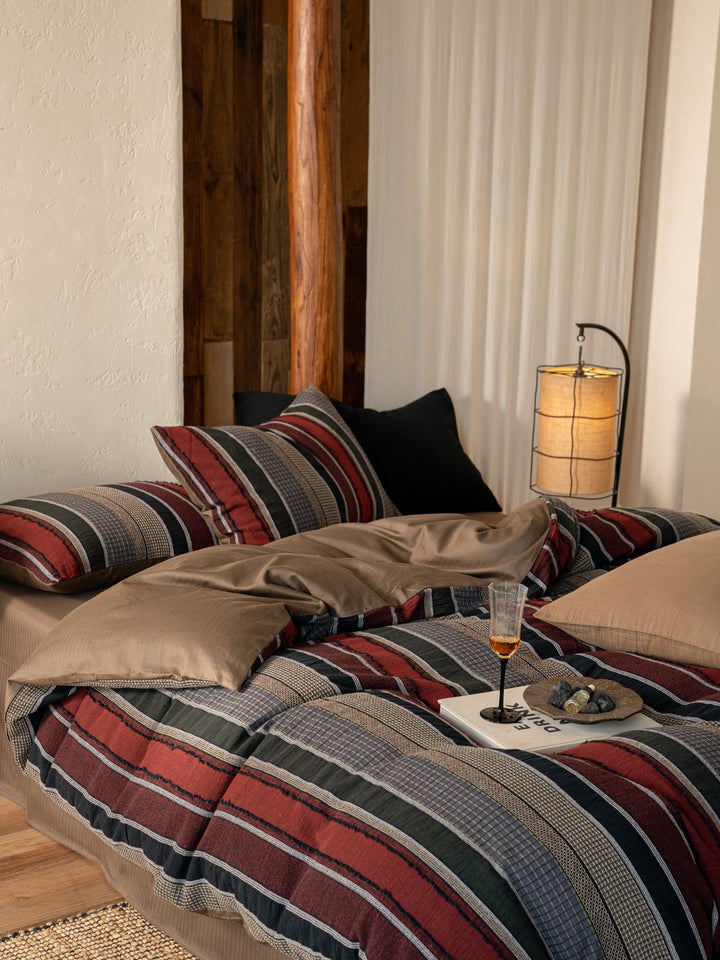 Boho Stripe Cotton Clip-Jacquard Duvet Cover - Burgundy Red original reference image 1