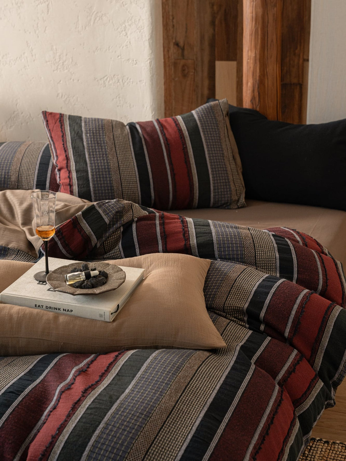 Boho Stripe Cotton Clip-Jacquard Duvet Cover - Burgundy Red original reference image 2