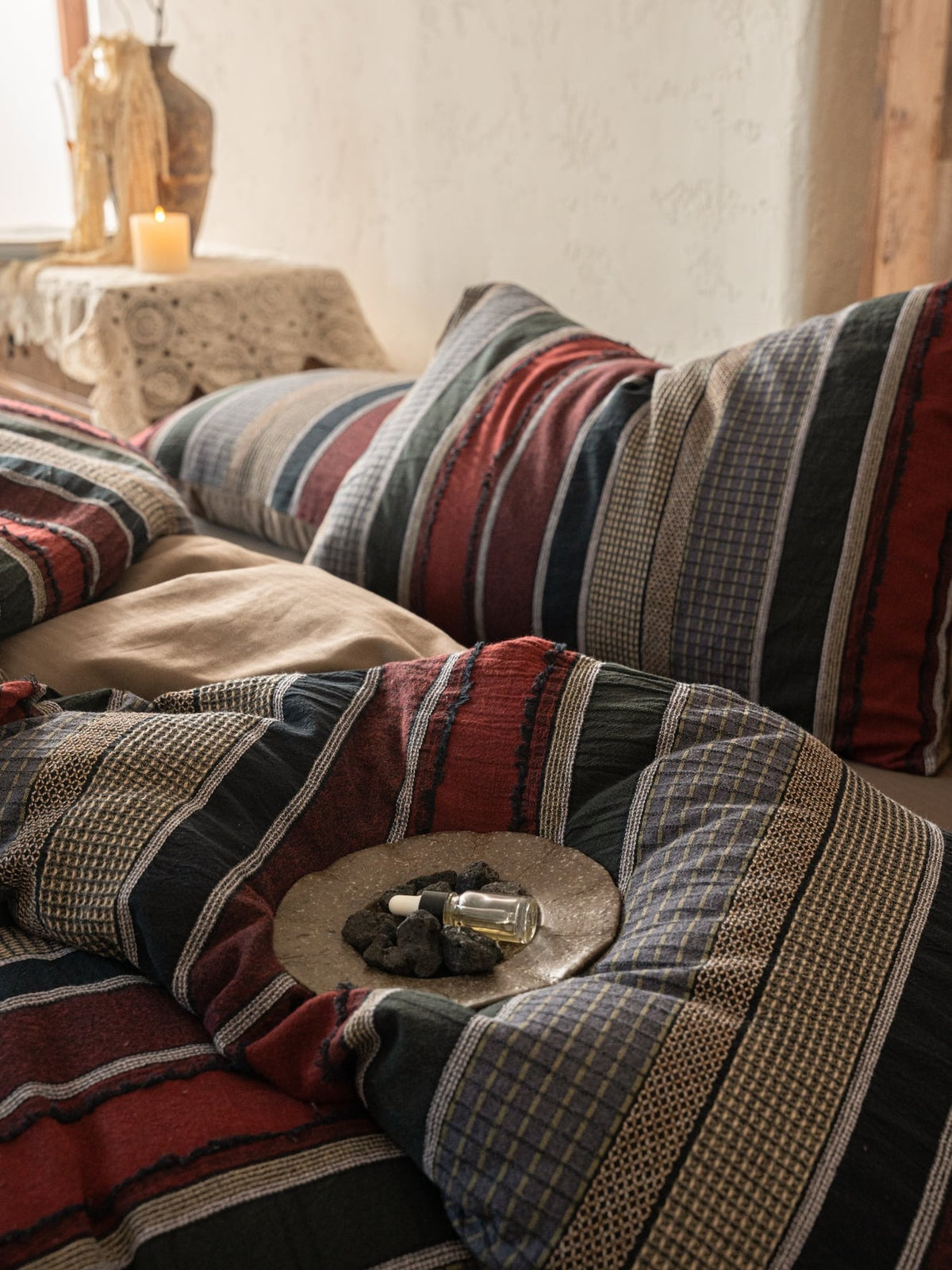 Boho Stripe Cotton Clip-Jacquard Duvet Cover - Burgundy Red original reference image 4