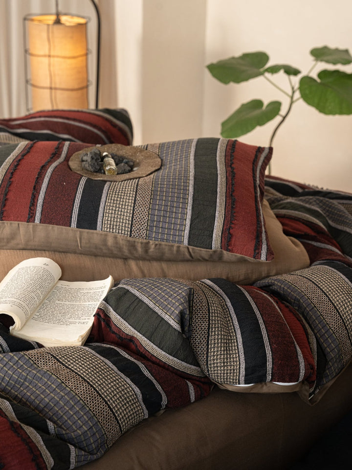 Boho Stripe Cotton Clip-Jacquard Duvet Cover - Burgundy Red original reference image 7