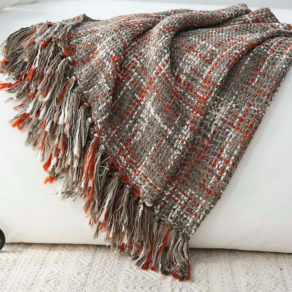 Chunky Knit Blanket With Tassels - Red