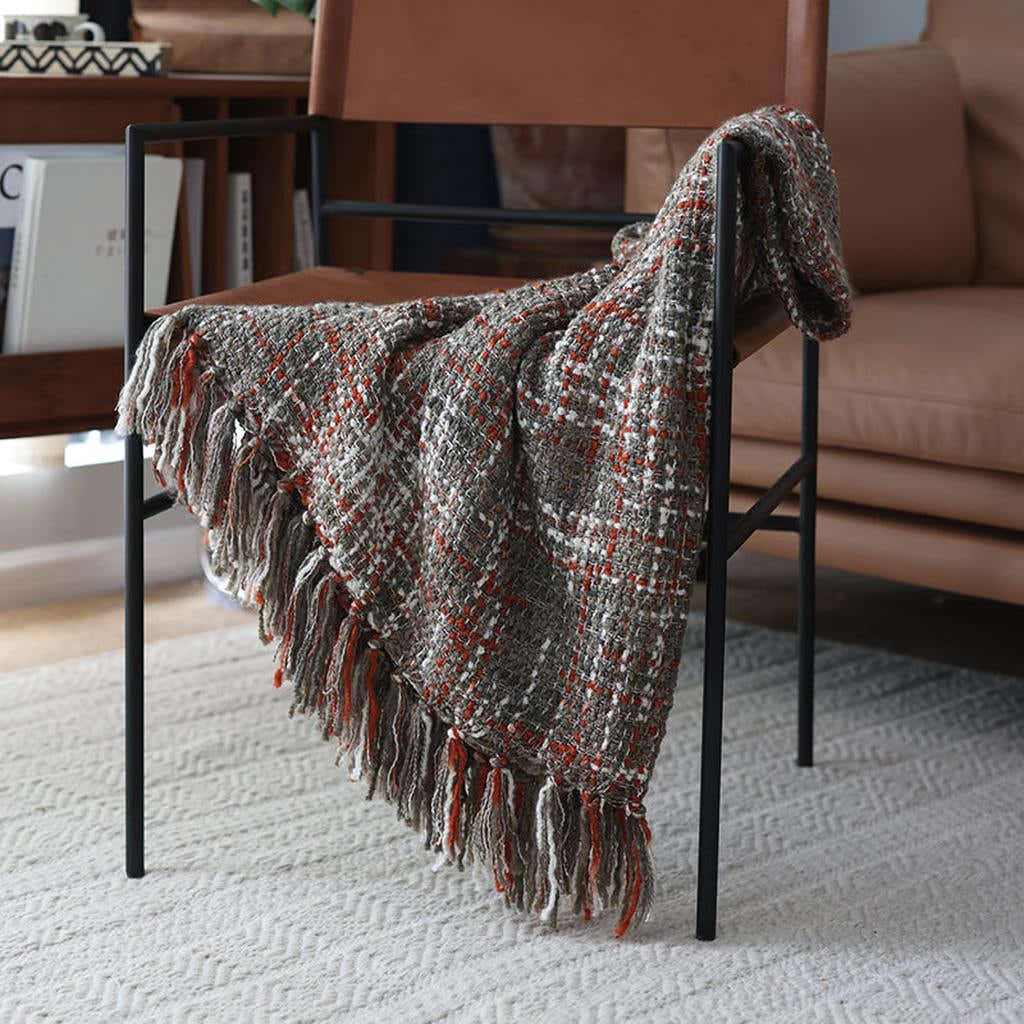Chunky Knit Blanket With Tassels - Red