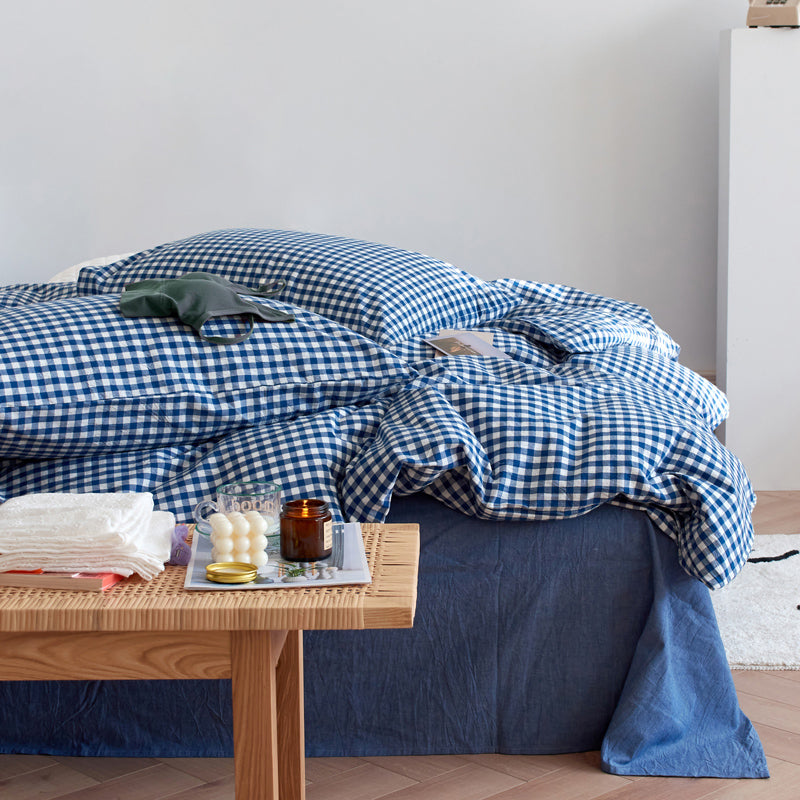 Cotton Small Gingham Bedding Set - Blue