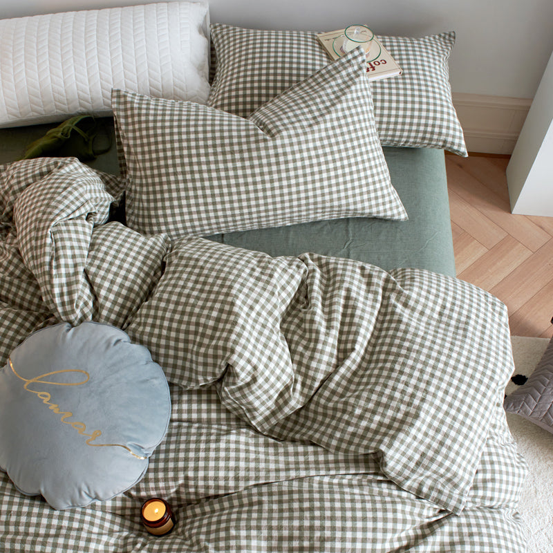 Parure de lit en coton à petits carreaux vichy - Vert