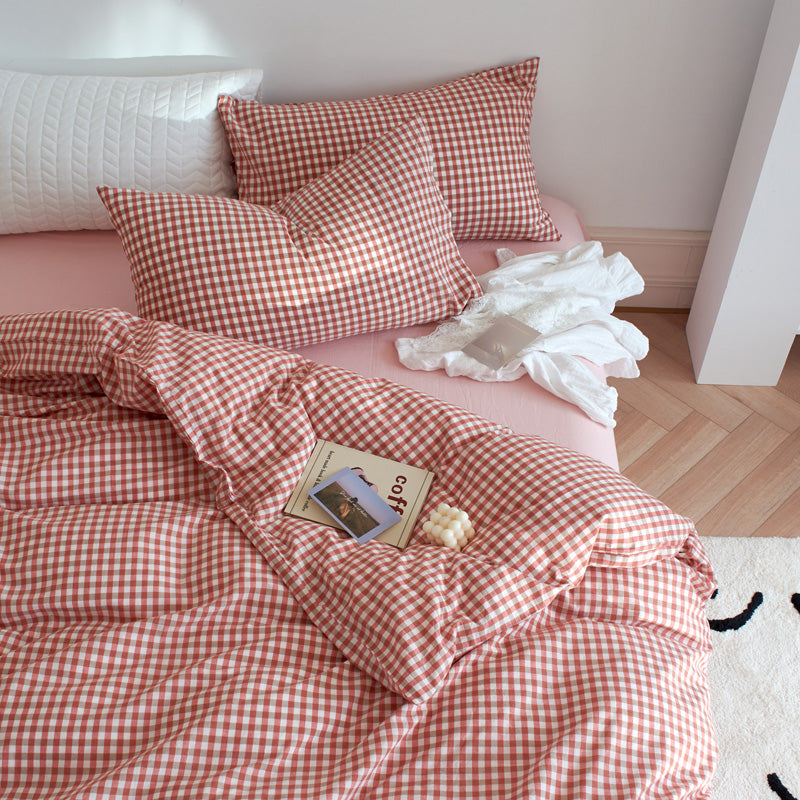 Cotton Small Gingham Bedding Set - Red