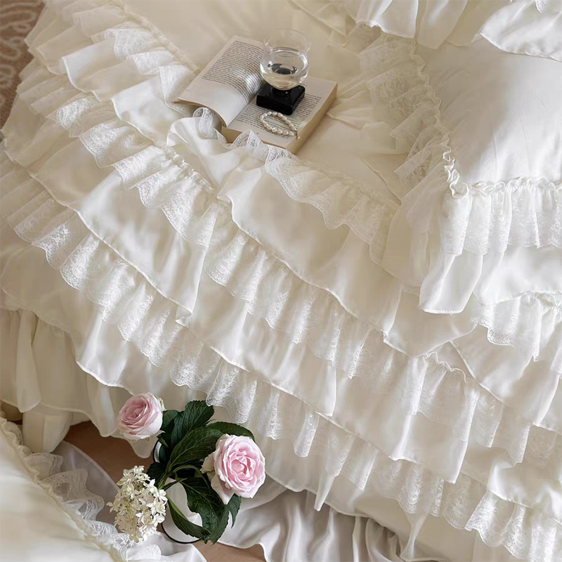 Cream White Princess Style Chiffon Ruffled Bedding Set