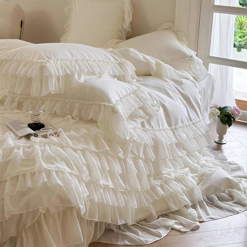 Cream White Princess Style Chiffon Ruffled Bedding Set