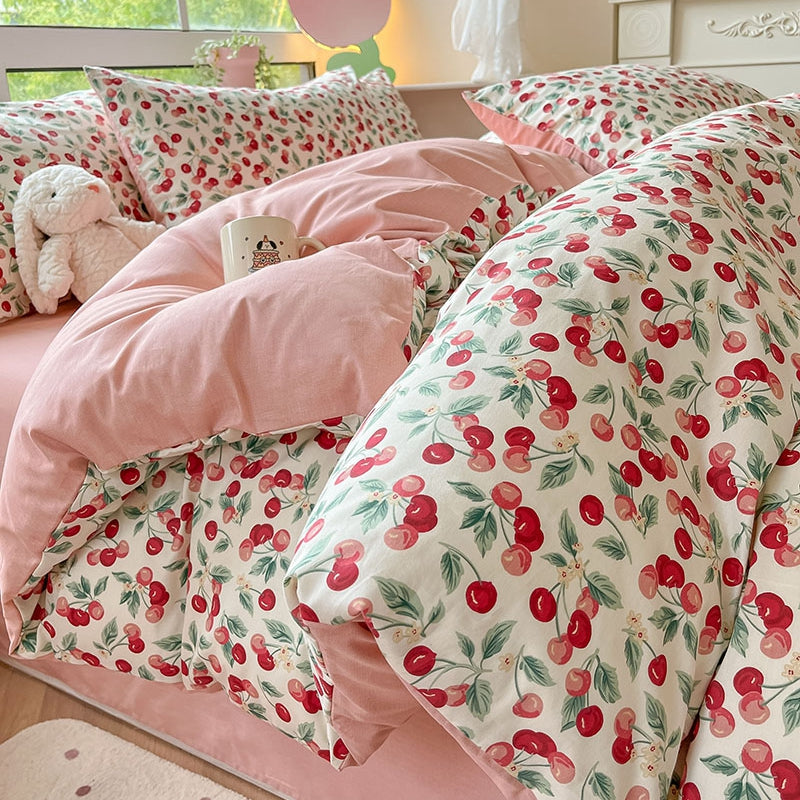 Lindo juego de cama con estampado de cerezas - Rosa (sin relleno)