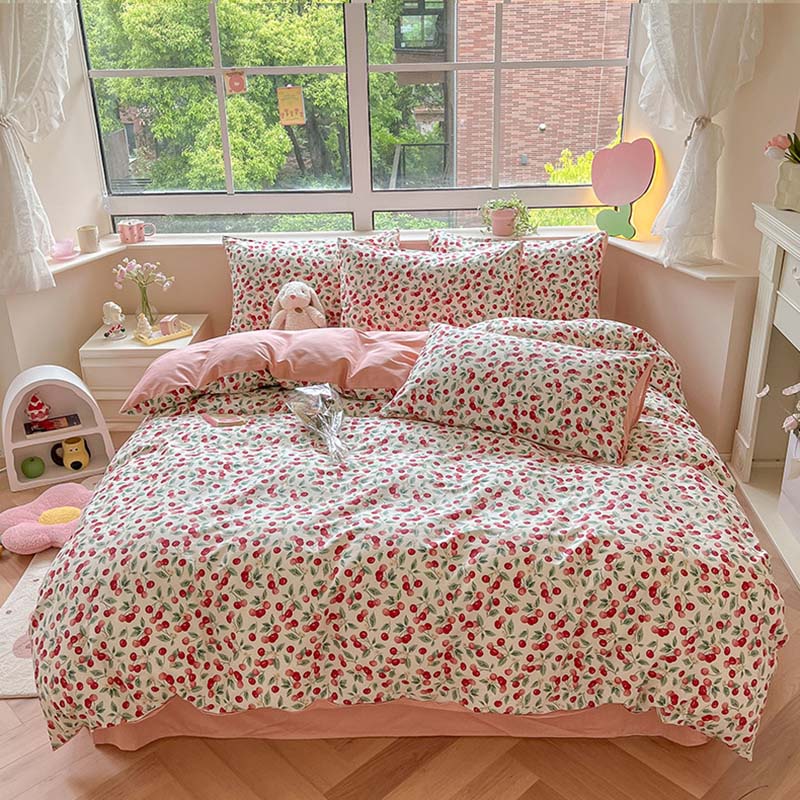 Lindo juego de cama con estampado de cerezas - Rosa (sin relleno)