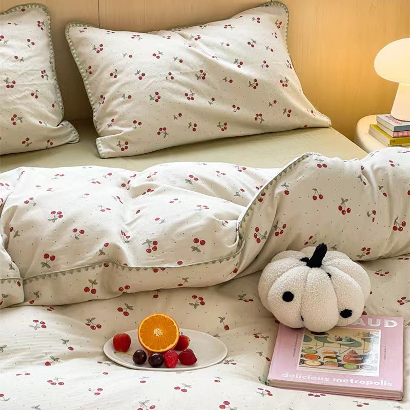 Lindo juego de cama con estampado de cerezas - Blanco (sin relleno)