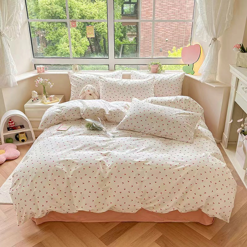 Lindo juego de cama con estampado de cerezas - Blanco